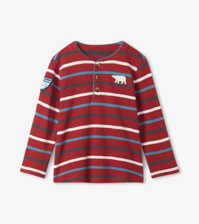 Hatley boys red Winter Stripes cotton henley with three-button neckline and small bear detail, front view