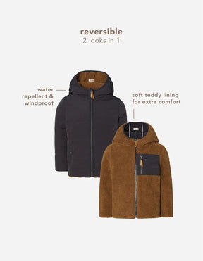 Noppies Nietap reversible jacket graphic showing black quilted and brown teddy sides