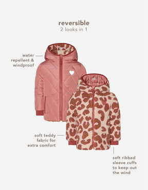 Noppies Nieuwaal reversible jacket graphic showing pink quilted and teddy-print sides