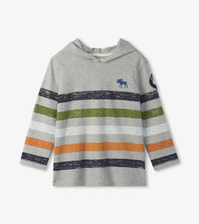 Hatley boys Woodland Stripes hooded tee with moose detail, front view