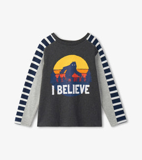 Hatley boys charcoal Yeti I Believe cotton tee with gray and navy-striped long sleeves, front view
