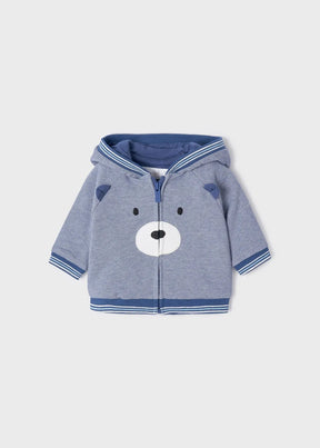 Front view of light blue baby zip hoodie with bear face and ears