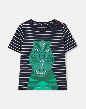 Joules Zipadee Navy Stripe Zip-Mouth Dino T-Shirt: front view with dinosaur face