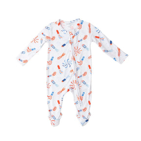 Angel Dear Firecrackers bamboo zipper footie fit and print detail