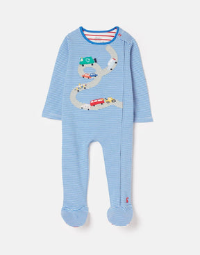 Joules Zippy Blue Stripe Road Print Babygrow: front view with winding road artwork