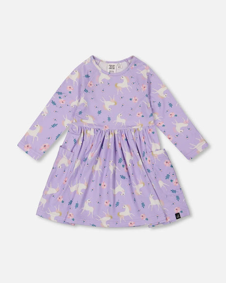 Jersey Dress With Pockets Lilac Unicorn Print | Deux par Deux | Jenni Kidz