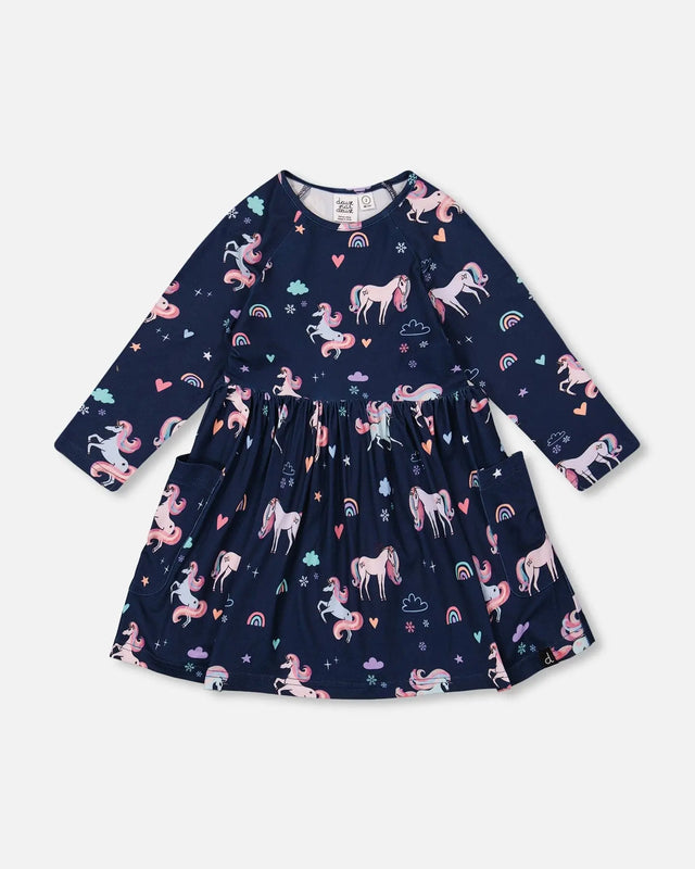 Jersey Dress With Pockets Navy Unicorn Print | Deux par Deux | Jenni Kidz