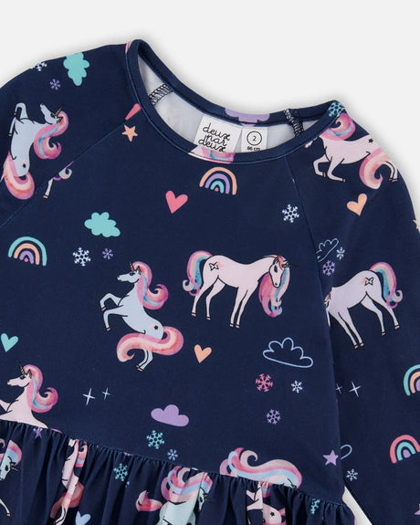 Jersey Dress With Pockets Navy Unicorn Print | Deux par Deux | Jenni Kidz