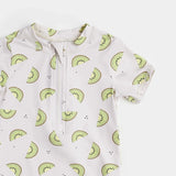 Front zip detail on kiwi print baby swim romper with long sleeves.