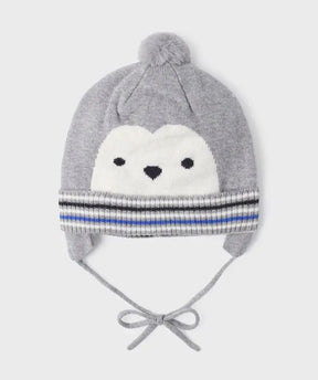 Front view of grey baby boys penguin bobble hat with earflaps and ties