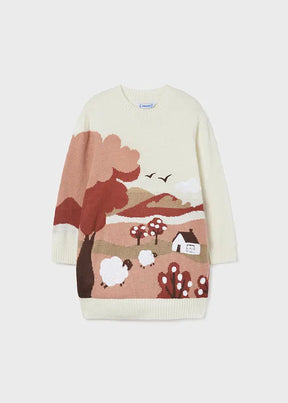 Front view of cream Mayoral girls knit dress with berry countryside landscape