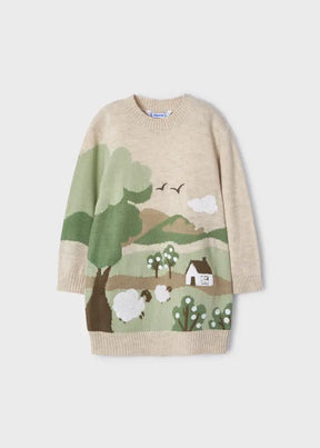 Front view of cream Mayoral girls knit dress with cottage, sheep and trees
