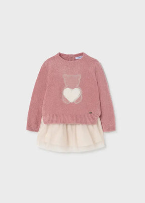 Dusty pink bunny sweater layered over blush baby dress with ivory tulle skirt