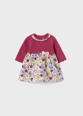 Front view of berry Mayoral baby girl dress with knit bodice and floral skirt