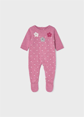 Front view of pink floral knit baby girls one-piece with feet