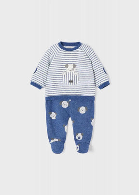 Front view of Mayoral newborn striped dog top with blue footed leggings