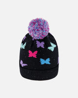 Lined Knit Pompom Hat Black Butterfly Print | Deux par Deux | Jenni Kidz