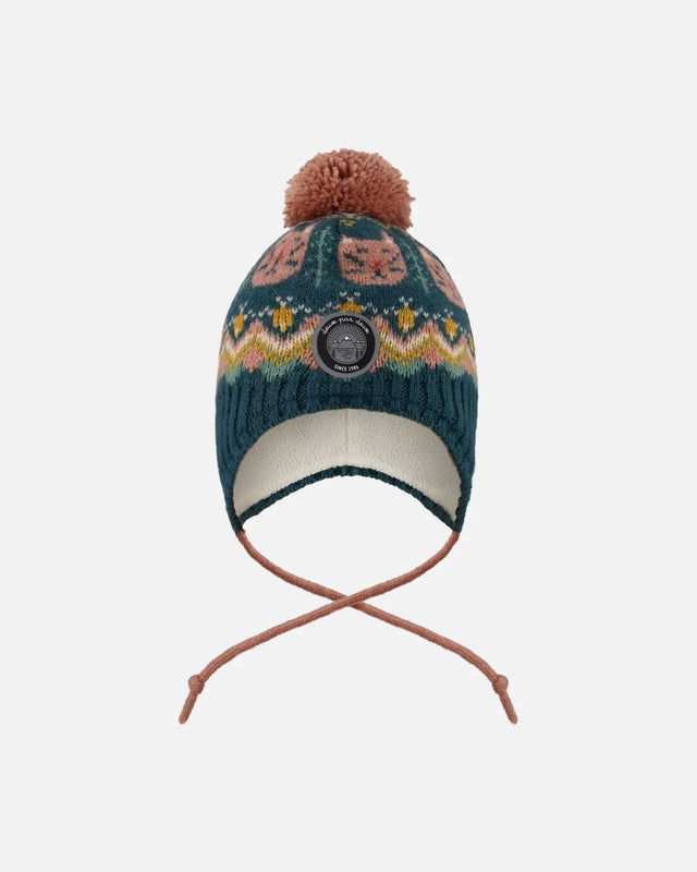 Lined Peruvian Knit Pompom Hat Green And Pink | Deux par Deux | Jenni Kidz