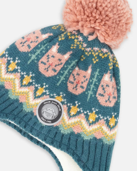Lined Peruvian Knit Pompom Hat Green And Pink | Deux par Deux | Jenni Kidz
