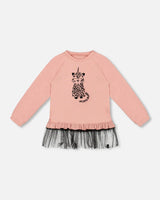 Long Bi-Material Top Dusty Pink With Mesh Ruffle Hem And Leopard Print | Deux par Deux | Jenni Kidz