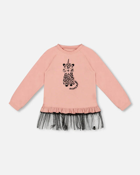 Long Bi-Material Top Dusty Pink With Mesh Ruffle Hem And Leopard Print | Deux par Deux | Jenni Kidz