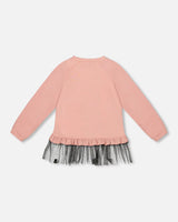 Long Bi-Material Top Dusty Pink With Mesh Ruffle Hem And Leopard Print | Deux par Deux | Jenni Kidz