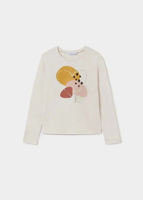 Front view of cream Mayoral girls long-sleeve graphic T-shirt
