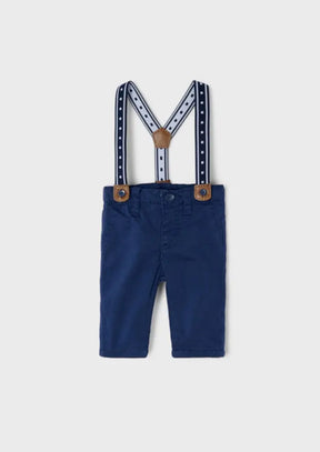 Front view of night-blue Mayoral baby trousers with striped suspenders