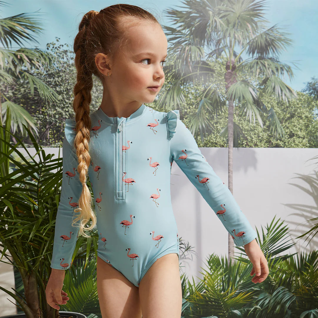 Flamingo Print on Canal Blue Long-Sleeve Swimsuit | Miles The Label