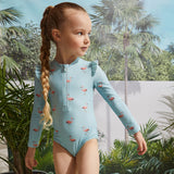 Flamingo Print on Canal Blue Long-Sleeve Swimsuit | Miles The Label