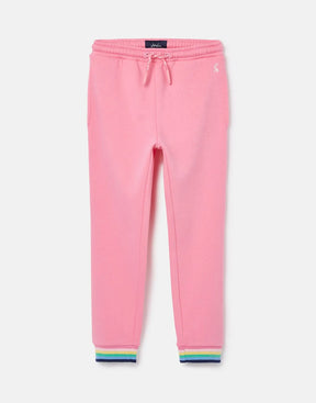 Joules May Pink Rainbow Cuff Joggers: front view with drawcord and rainbow cuffs