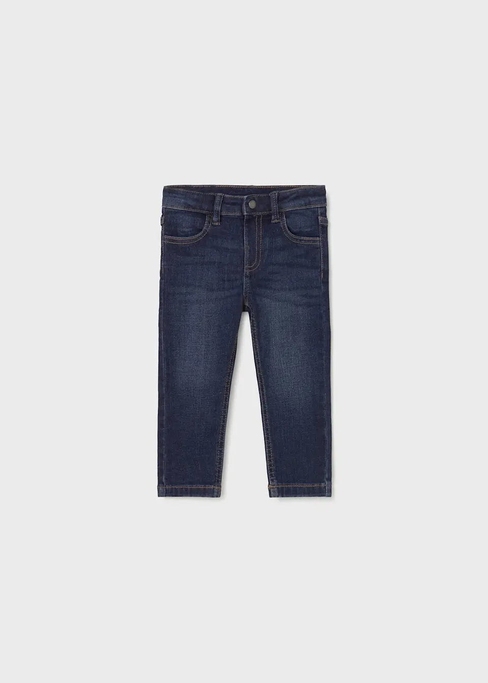 Front view of Dark Denim slim baby boy jeans with adjustable waistband.