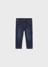 Front view of Dark Denim slim baby boy jeans with adjustable waistband.