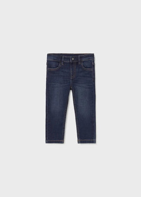 Front view of dark-indigo Mayoral baby jeans with five-pocket styling