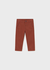 Front flat lay of Mayoral baby boy baby chinos in Brown/Rust micro-corduroy.