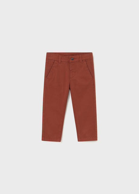 Front flat lay of Mayoral baby boy baby chinos in Brown/Rust micro-corduroy.