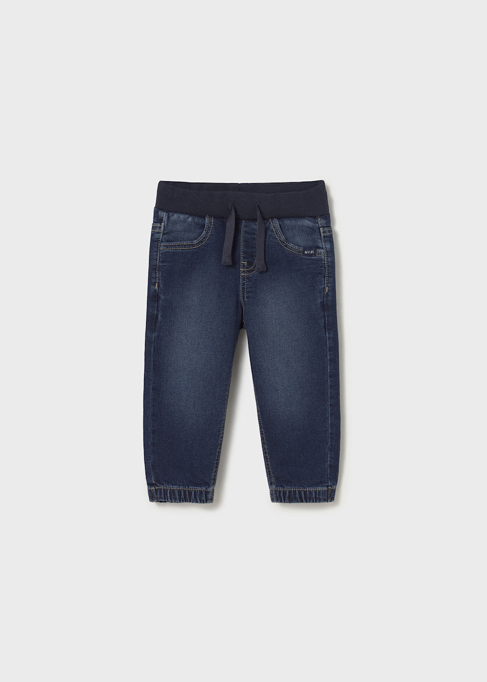 Front flat lay of Mayoral baby denim jogger pants in Dark Denim/Navy with cuffed hems.