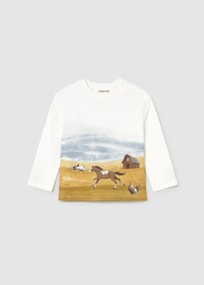 Front view of ivory baby T-shirt with horse and farm landscape print