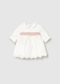 Mayoral baby girl dress ivory with pink sash, embroidered newborn dress