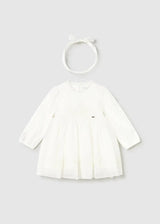 Front view of Mayoral ivory embroidered tulle baby dress with long sleeves and gathered skirt.