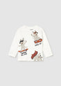 Front view of Mayoral baby long-sleeve baby t-shirt in Ivory with animal print.