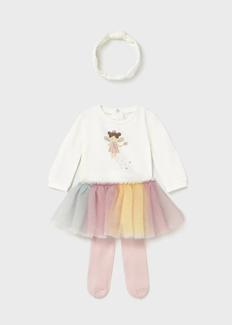 Front view of newborn 3-piece set in Cream/Pink with Woodland Deer artwork and skirted tights — sweet newborn outfit set.