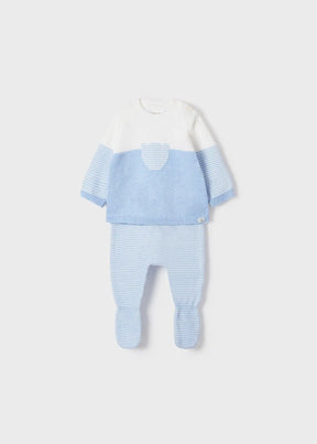 Blue and ivory newborn boy knit jumper and striped leggings, front view