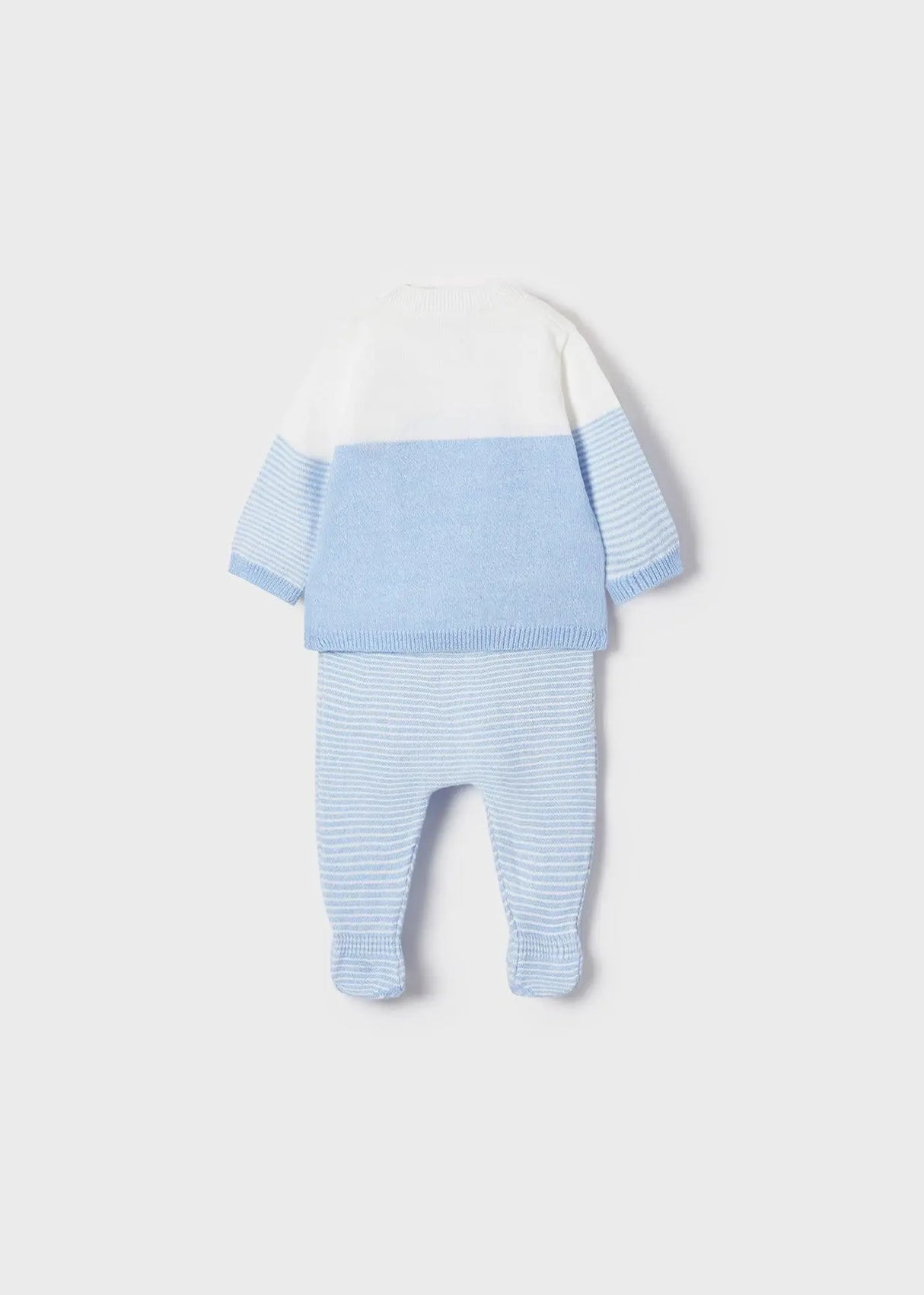 Full view of two-piece knit set for newborn boys with striped leggings and shoulder-button jumper.