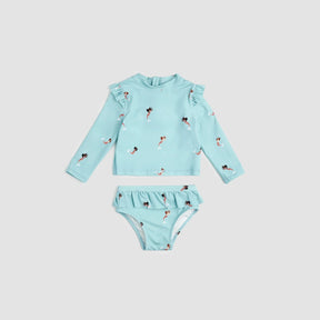 Miles The Label baby girls and girls Aqua mermaid rashguard swim set with UPF 50+ and frilly details.