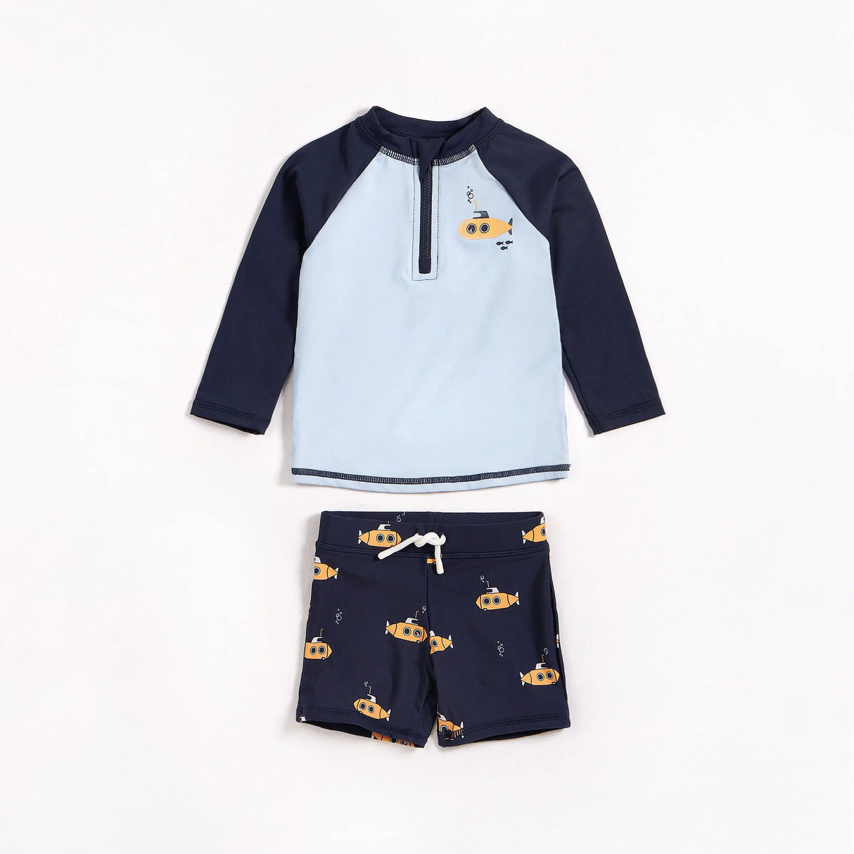 Petit Lem navy raglan rash guard and submarine print swim shorts set flat lay for baby boy