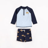 Petit Lem navy raglan rash guard and submarine print swim shorts set flat lay for baby boy