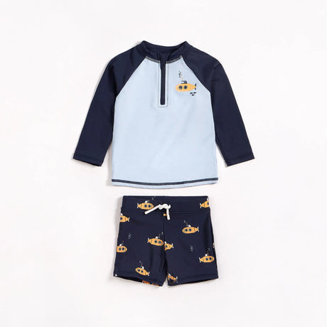 Petit Lem navy raglan rash guard and submarine print swim shorts set flat lay for baby boy