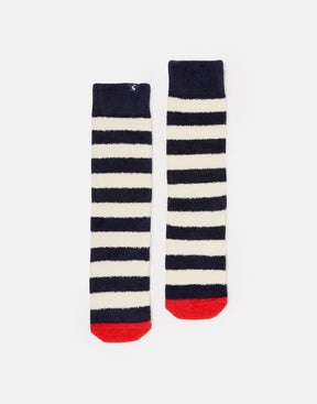 Joules Navy Cream Stripe Fluffy Socks: pair laid flat showing navy and cream stripes