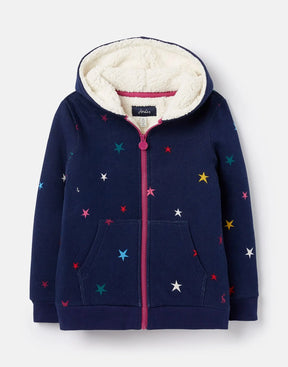Joules Braelyn Navy Star Fleece-Lined Zip Hoodie: front view with star print and pink zip
